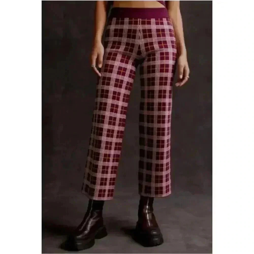 Daydreamer Burgundy and Pink Plaid Straight Leg Pants